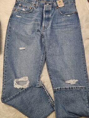 Levi's 501 Original Cropped Straight Leg Distressed Denim Jeans